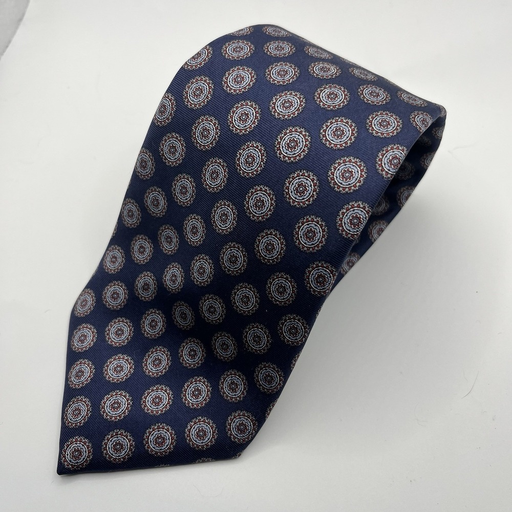Vintage Christian Dior Monsieur Tie Designer Blue Red Medallion Silk Necktie